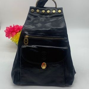 Marino Orlandi Black Leather Backpack with Gold-Tone Accents